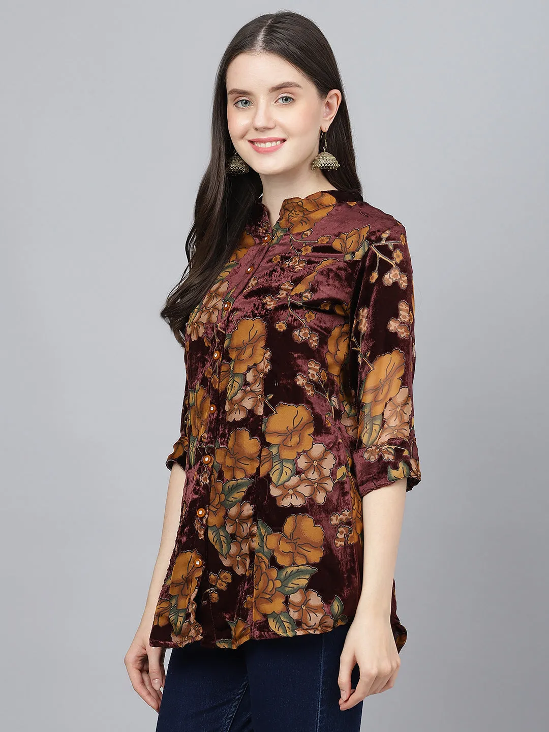 Women Wine Floral Burn Out Valvet A-Line Shirts Style Top