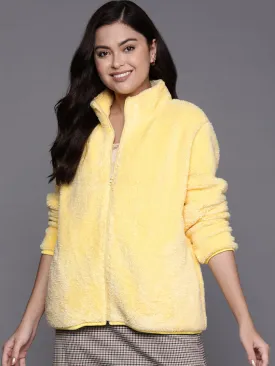 Women Yellow Faux Fur Front Zipper Jacket