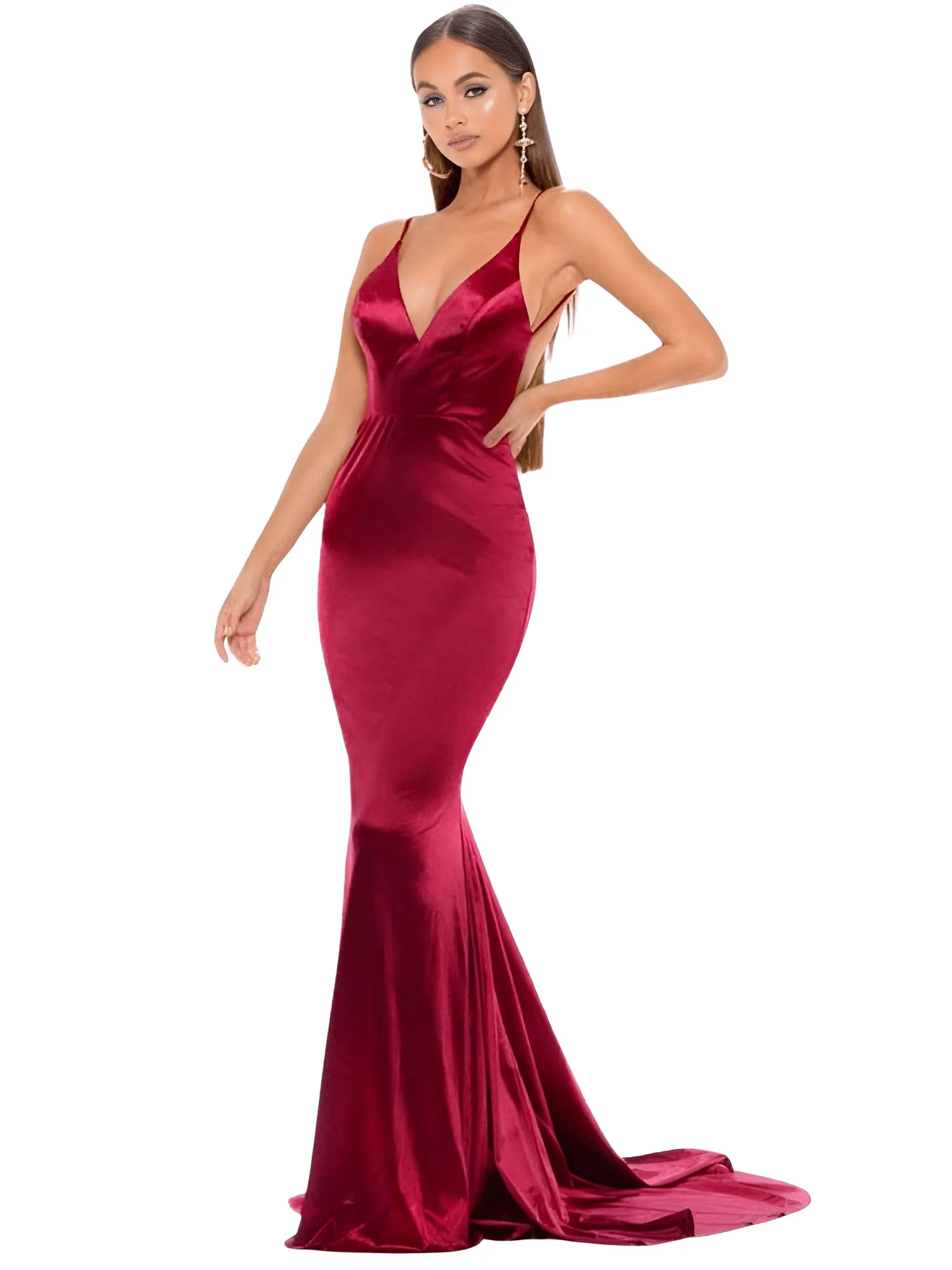 Women's Backless Maxi Dress Ruched High Split Satin