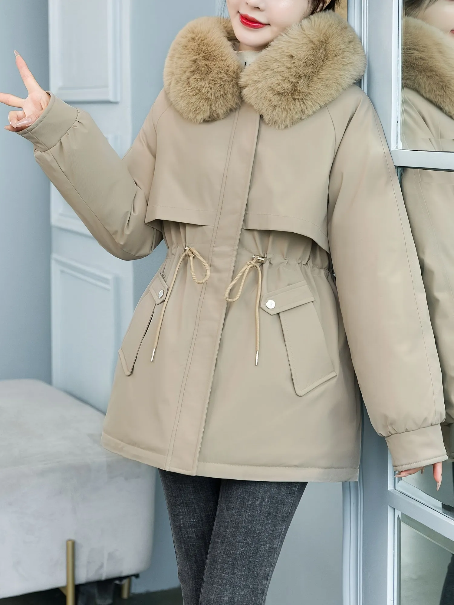 Women's Detachable Fur Collar Jacket, Fashion All-match Plush Lined Warm Jacket, Women's Activewear