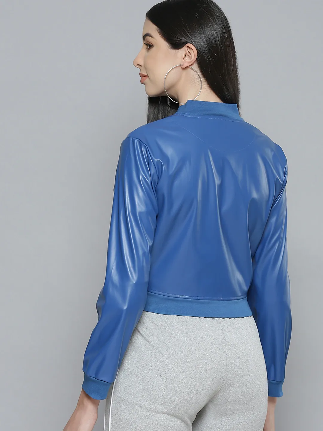 Womens Royal Blue Pu Bomber Jacket