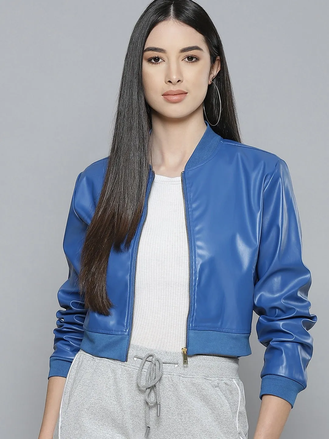 Womens Royal Blue Pu Bomber Jacket