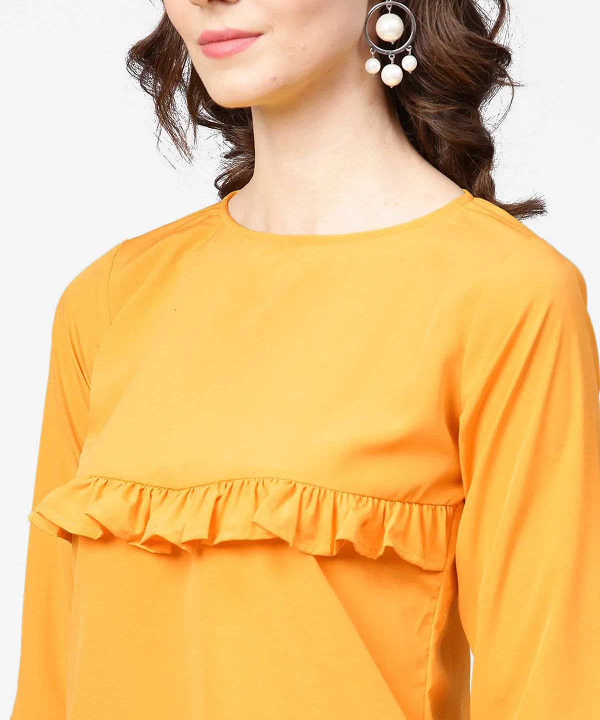 Yellow 3/4Th Sleeve Ruffle Tops