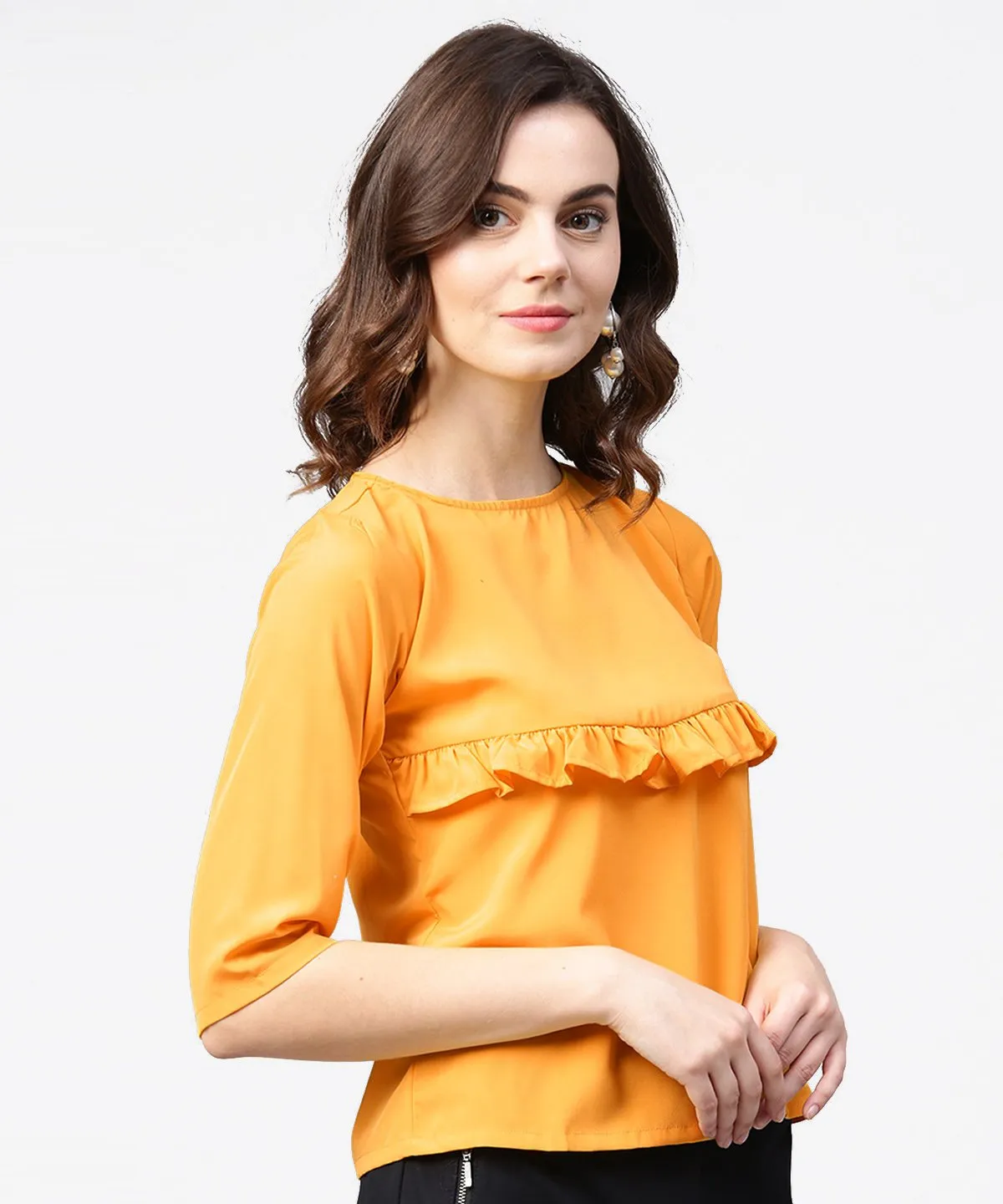 Yellow 3/4Th Sleeve Ruffle Tops