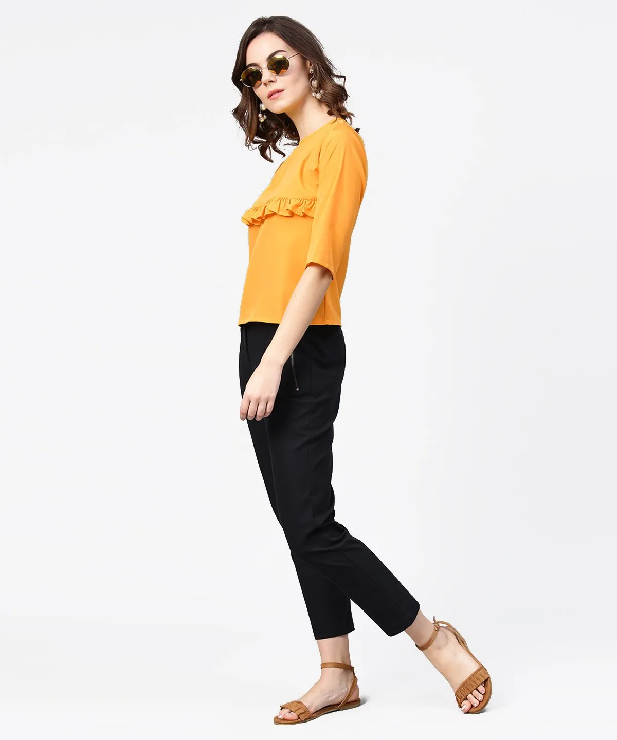 Yellow 3/4Th Sleeve Ruffle Tops