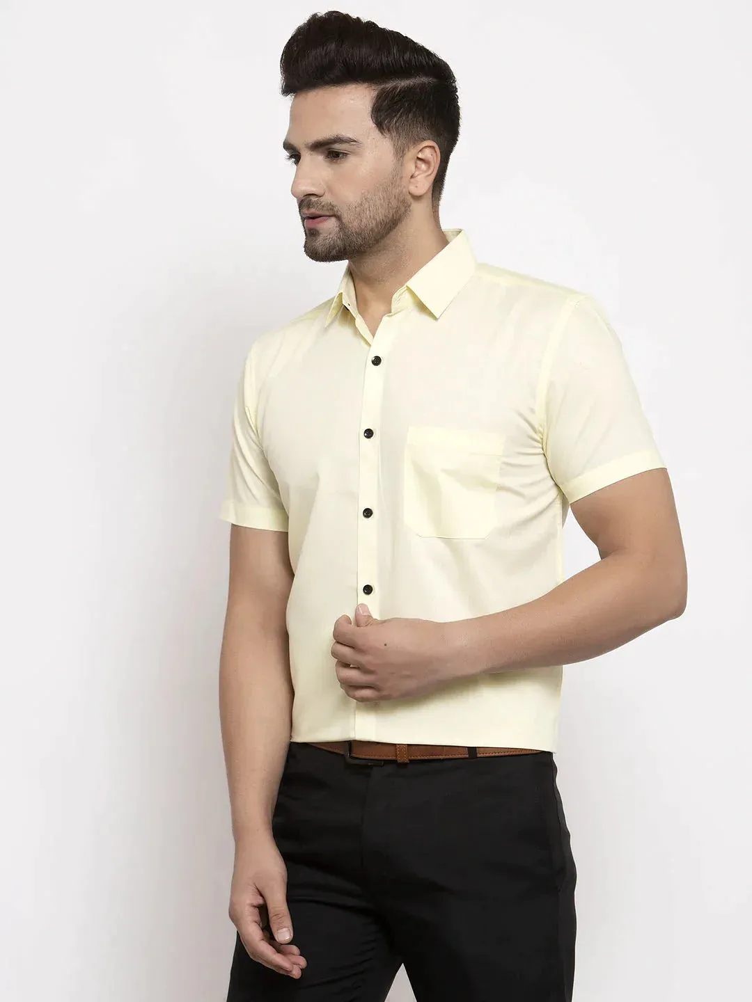 Yellow Men'S Cotton Half Sleeves Solid Formal Shirts