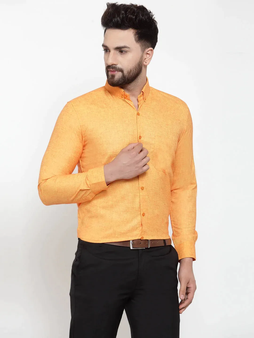 Yellow Men'S Cotton Solid Button Down Formal Shirts