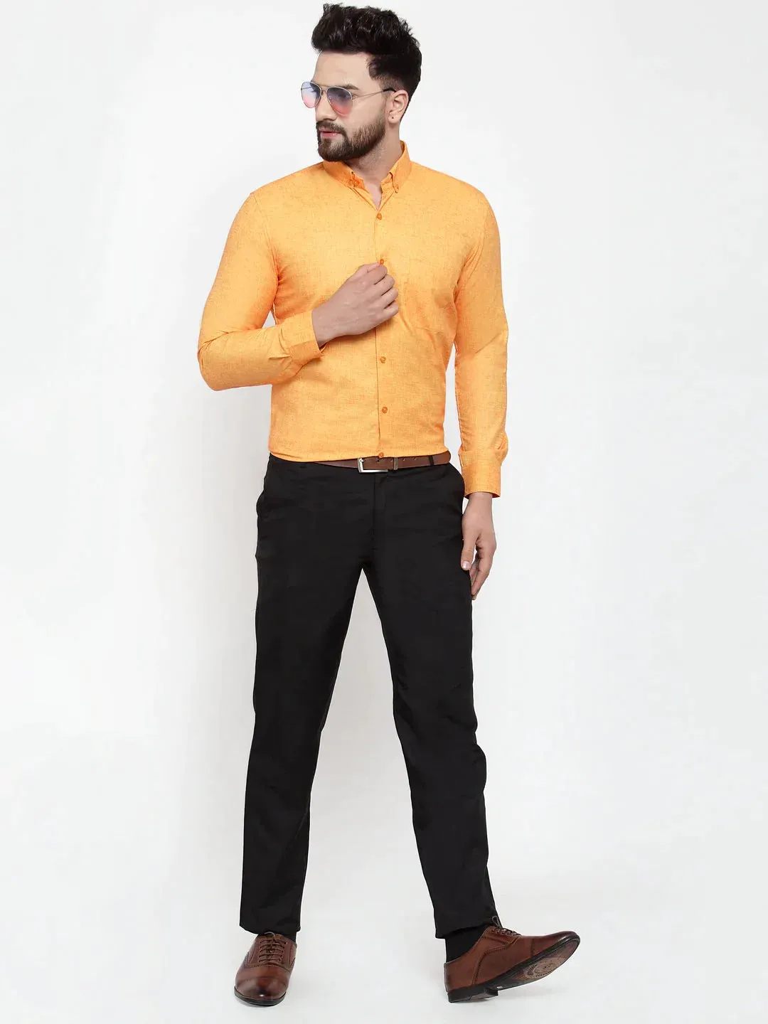 Yellow Men'S Cotton Solid Button Down Formal Shirts