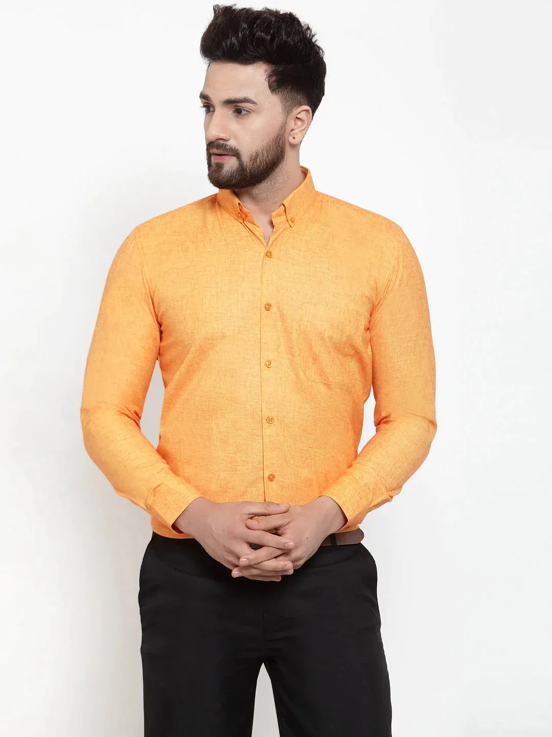 Yellow Men'S Cotton Solid Button Down Formal Shirts